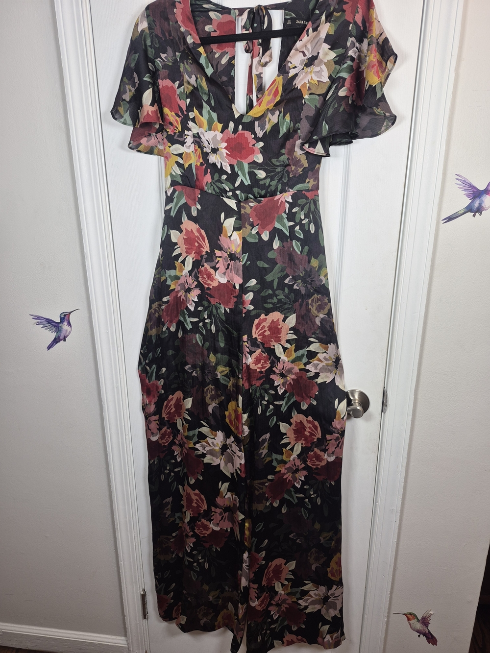ZARA Floral Wide Leg Jumpsuit Large Moody Dark Cottagecore Boho Flutter Sleeve S